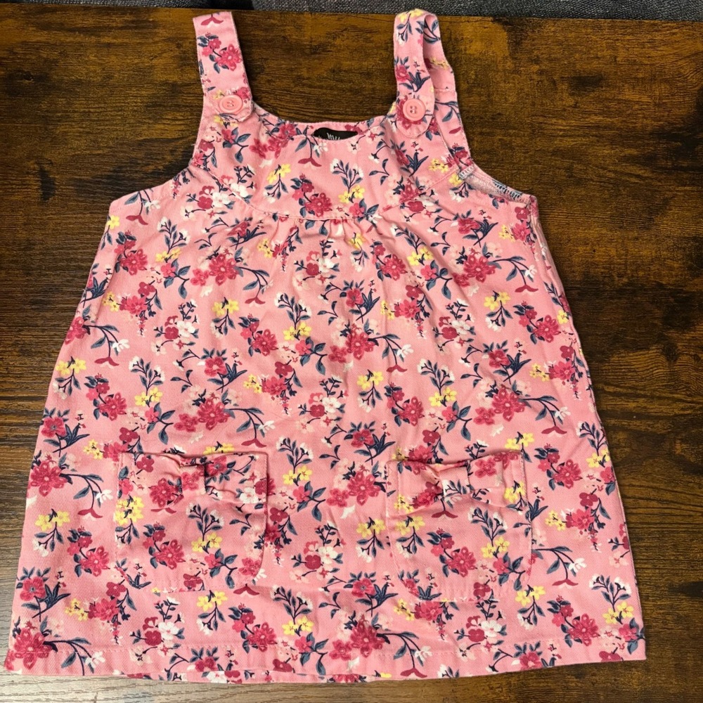 My Destiny Pink Floral Sleeveless Pinafore Dress Bow Pockets (Girls 3T)